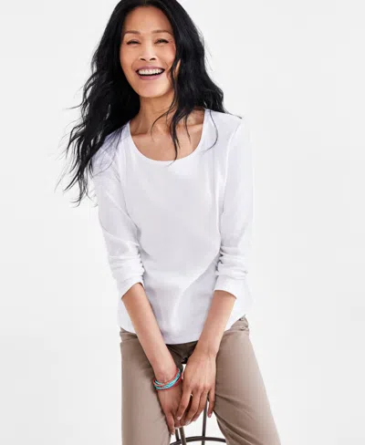 Macy's Petite Scoop-neck Long-sleeve Cotton Top, Created For  In Bright White