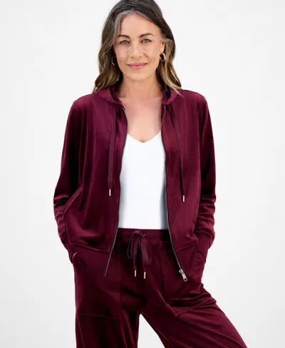 Macy's Style & Co Petite Zip-front Long-sleeve Velour Hoodie,  Exclusive In Burgundy