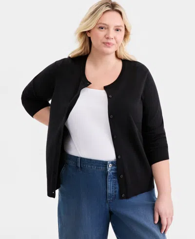 Macy's Style & Co Plus Size Button-front Long-sleeve Cardigan,  Exclusive In Black