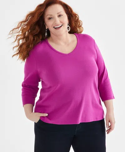 Macy's Plus Size Cotton V-neck 3/4-sleeve Top, Created For  In Fiesta Pink