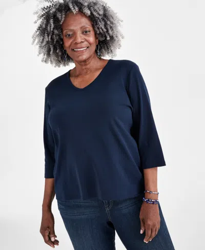 Macy's Plus Size Cotton V-neck 3/4-sleeve Top, Created For  In Industrial Blue
