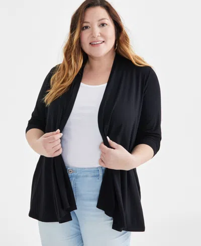 Macy's Style & Co Plus Size Open-front Long-sleeve Cardigan, Created For  In Deep Black