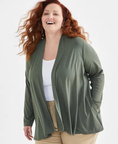 Macy's Style & Co Plus Size Open-front Long-sleeve Cardigan, Created For  In Oliva