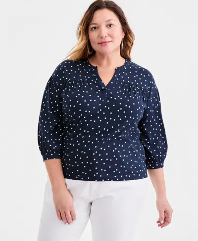 Macy's Style & Co Plus Size Printed 3/4-puff-sleeve Top,  Exclusive In Blue