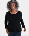 Macy's Plus Size Scoop-neck Long-sleeve Top, Created For  In Deep Black
