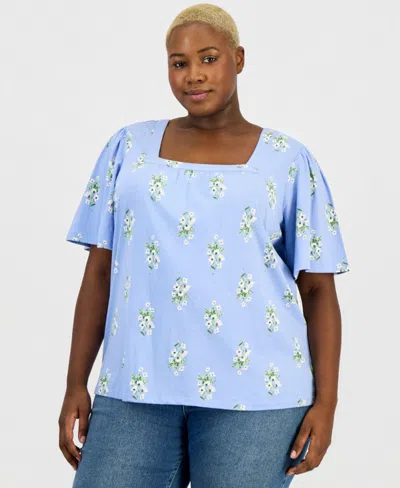 Macy's Style & Co Plus Size Short Flutter-sleeve Square-neck Knit Top,  Exclusive In Blue