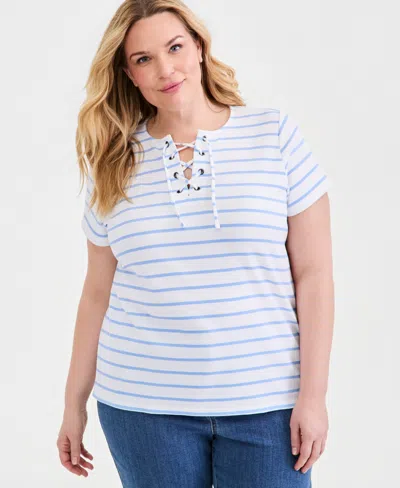 Macy's Style & Co Plus Size Striped Lace-up Short-sleeve Top,  Exclusive In Blue