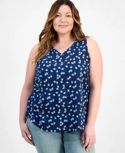 Macy's Style & Co Plus Size V-neck Printed Perfect Tank Top, Exclusively At  In Blue