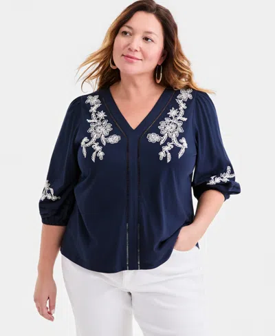 Macy's Style & Co Plus Size V-neck Puff-sleeve Embroidered Blouse,  Exclusive In Blue