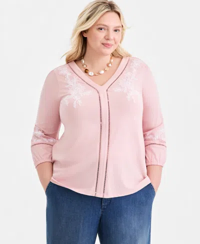 Macy's Style & Co Plus Size V-neck Puff-sleeve Embroidered Blouse,  Exclusive In Pink