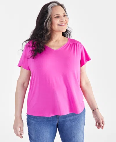 Macy's Style & Co Plus Size V-neck Smocked-shoulder Short-sleeve Top, Created For  In Pink