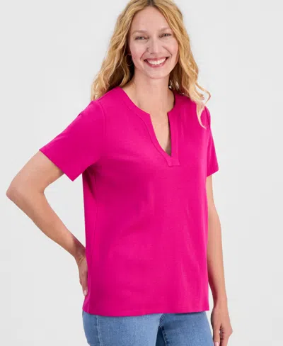 Macy's Style & Co Women's Cotton Short-sleeve Split-neck Top,  Exclusive In Purple