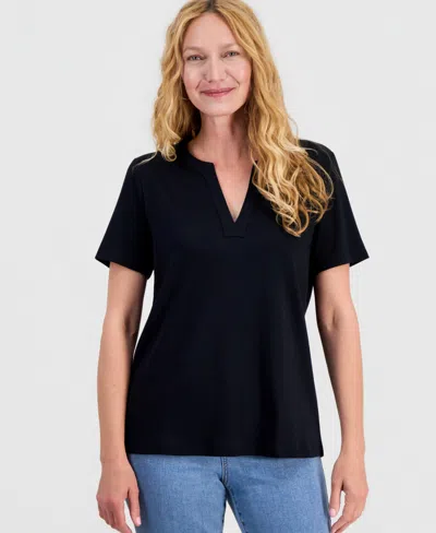 Macy's Style & Co Women's Cotton Short-sleeve Split-neck Top,  Exclusive In Black
