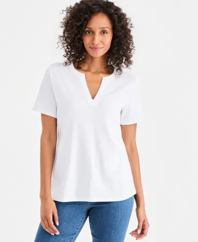 Macy's Style & Co Women's Cotton Short-sleeve Split-neck Top,  Exclusive In White