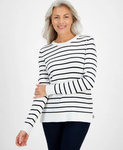 Macy's Women's Fine Gauge Crewneck Long-sleeve Sweater, Created For  In White Black Stripe