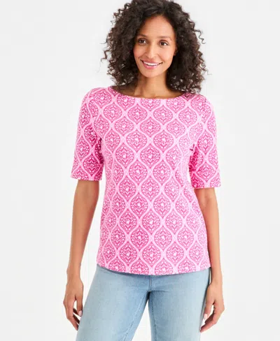 Macy's Style & Co Women's Printed Boat-neck Elbow-sleeve Top,  Exclusive In Pink