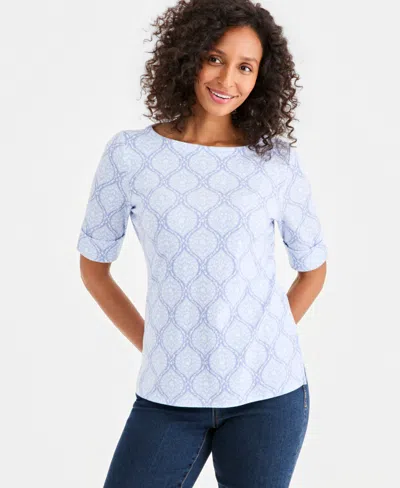 Macy's Style & Co Women's Printed Boat-neck Elbow-sleeve Top,  Exclusive In Blue
