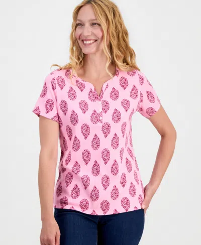 Macy's Style & Co Women's Printed Short-sleeve Henley Top,  Exclusive In Pink