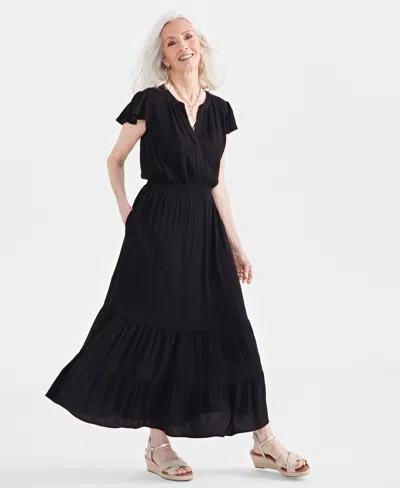 Macy's Style & Co Women's Split-neck Ruffle-sleeve Tiered Maxi Dress, Created For  In Deep Black