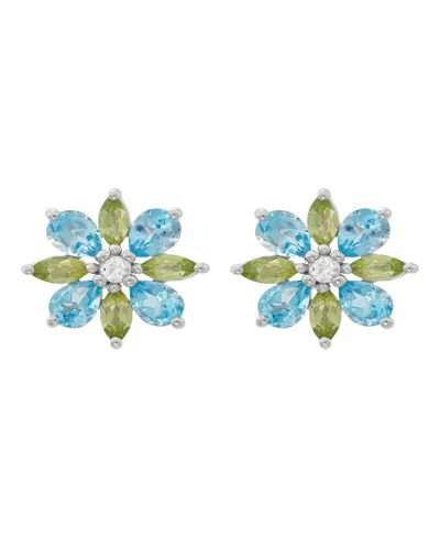 Macy's Swiss Blue Topaz (1-1/3 Ct. T.w.), Peridot (5/8 Ct. T.w.) & White Topaz (1/20 Ct. T.w.) Flower Stud  In Multi