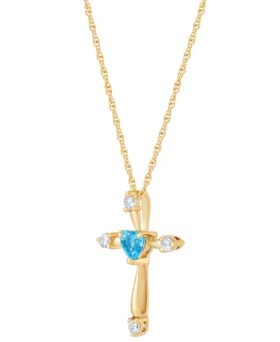 Macy's Swiss Blue Topaz (1/4 Ct. T.w.) & White Topaz (1/5 Ct. T.w.) Heart Cross 18" Pendant Necklace In 14k