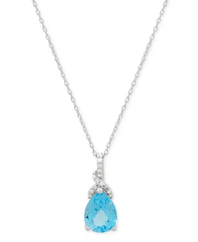 Macy's Swiss Blue Topaz (2 Ct. T.w.) & Diamond (1/20 Ct. T.w.) Pear & Swirl 18" Pendant Necklace In 14k Whi