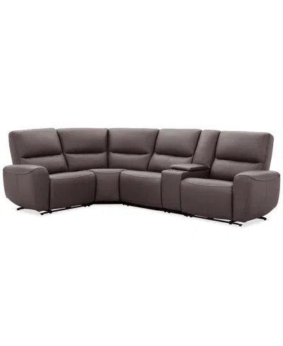 Macy's Symond 5-piece Leather 2 Power Motion Sectional Sofa In Brown