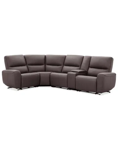 Macy's Symond 5-piece Leather 3 Power Motion Sectional Sofa In Brown
