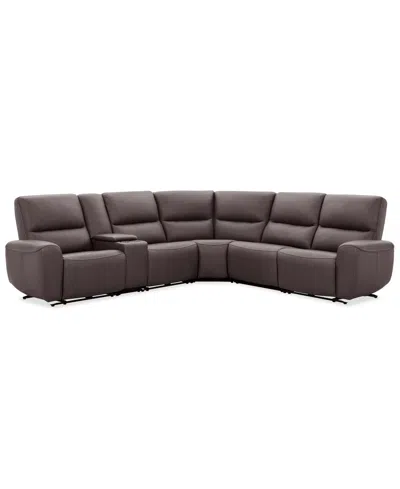 Macy's Symond 6-piece Leather 3 Power Motion L-shape Sectional Sofa In Brown