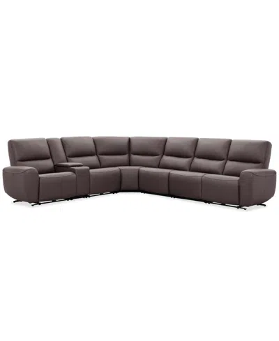 Macy's Symond 7-piece Leather 3 Power Motion Sectional Sofa In Brown