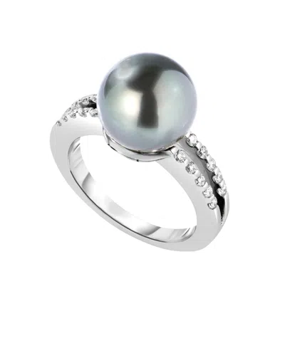 Macy's Tahitian Cultivated Pearl (10mm) And Diamond (1/4 Ct. T.w.) Ring In 14k White Gold In Silver