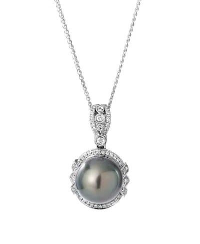 Macy's Tahitian Cultivated Pearl (11mm) And Diamond (1/4 Ct. T.w.) Pendant Necklace In 14k White Gold In Metallic