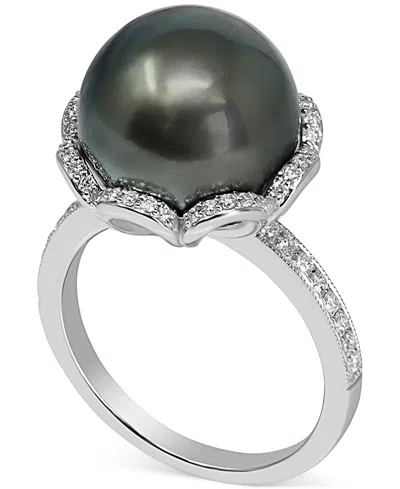 Macy's Tahitian Pearl (12mm) & Diamond (1/3 Ct. T.w.) Ring In 14k White Gold In Black