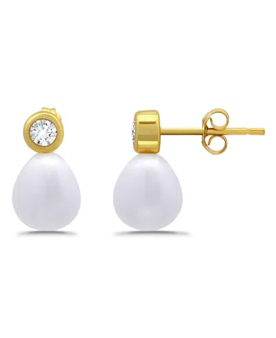 Macy's Teardrop Freshwater Cultured Pearl Cubic Zirconia Bezel Set Post Earrings In Gold