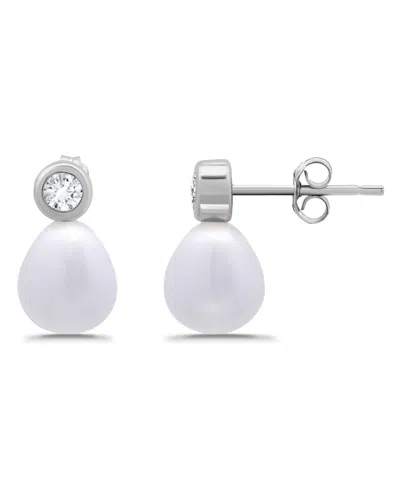 Macy's Teardrop Freshwater Cultured Pearl Cubic Zirconia Bezel Set Post Earrings In Silver