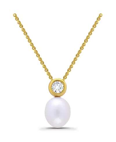 Macy's Teardrop Freshwater Cultured Pearl Round Cubic Zirconia Bezel Necklace In Gold