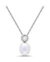 Macy's Teardrop Freshwater Cultured Pearl Round Cubic Zirconia Bezel Necklace In Silver
