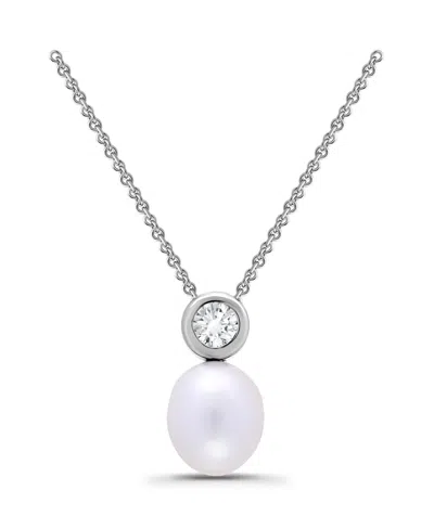 Macy's Teardrop Freshwater Cultured Pearl Round Cubic Zirconia Bezel Necklace In Silver