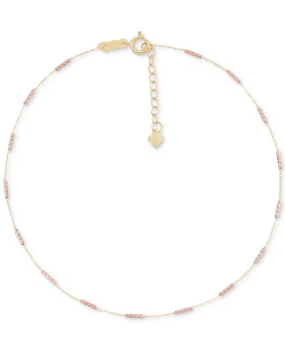 Macy's Textured Cylindrical Bead Ankle Bracelet In 14k Gold & Rose Gold In Yellow Gold