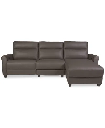 Macy's Thandler 3-pc. Leather Chaise Sectional With 1 Drop Down Table, Exclusively At  In Brown