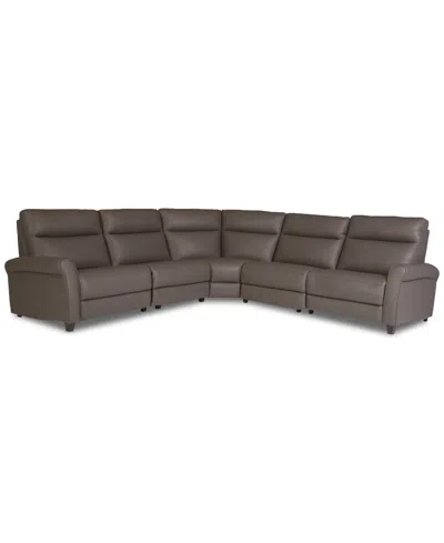 Macy's Thandler 5-pc. Leather L Sectional With 3 Power Recliners And Drop Down Table, Exclusively At  In Brown