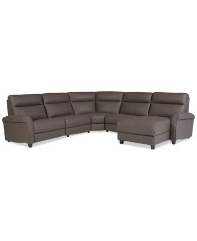 Macy's Thandler 5-pc. Leather Chaise Sectional With 2 Power Recliners, Exclusively At  In Brown