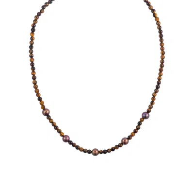 Macy's Tiger Eye (4mm) And Chocolate Freshwater Pearl (7-8mm) Necklace In Sterling Silver In Orange