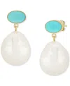 Macy's Turquoise & Cultured Freshwater Baroque Pearl (12mm) Drop Earrings In 14k Yellow Gold In Gold