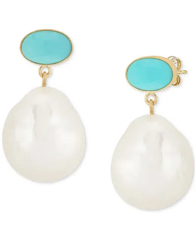 Macy's Turquoise & Cultured Freshwater Baroque Pearl (12mm) Drop Earrings In 14k Yellow Gold