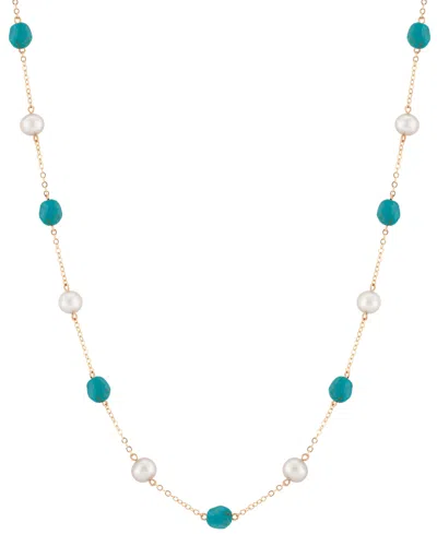 Macy's Turquoise & Freshwater Pearl (8 X 6mm) 18" Collar Necklace In 14k Gold In Turquoise  Pearl