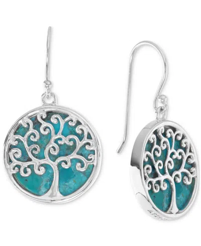 Macy's Turquoise Inlay Polished Tree Disc Drop Earrings In Sterling Silver