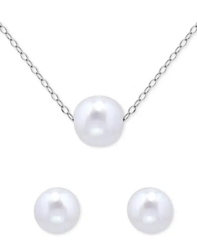 Macy's Two-pc. Set Dyed Black Cultured Freshwater Pearl (8-10mm) Pendant Necklace & Stud Earrings In Sterli In White,silver