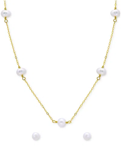 Macy's Two-pc. Set White Cultured Freshwater Pearl (6mm) Collar Necklace & Stud Earrings In 18k Gold-plated In White,gold Over Silver