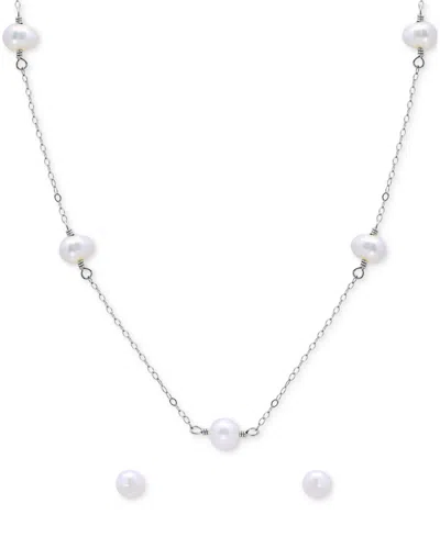 Macy's Two-pc. Set White Cultured Freshwater Pearl (6mm) Collar Necklace & Stud Earrings In 18k Gold-plated In White,silver
